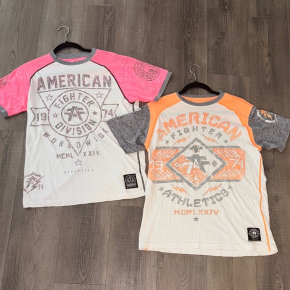 2 American Fighter Pink and Orange Burnout Graphic Tees - Picture 1 of 10